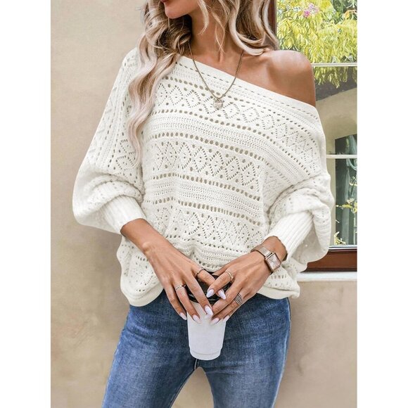 Womens Off Shoulder Knit Sweater Top Oversized Batwing Fall Casual Stylish - Picture 3 of 8